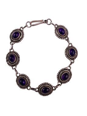 Sterling Silver 925 Womens Purple Amethyst Cabochon Bracelet Ornate Oval Bezels